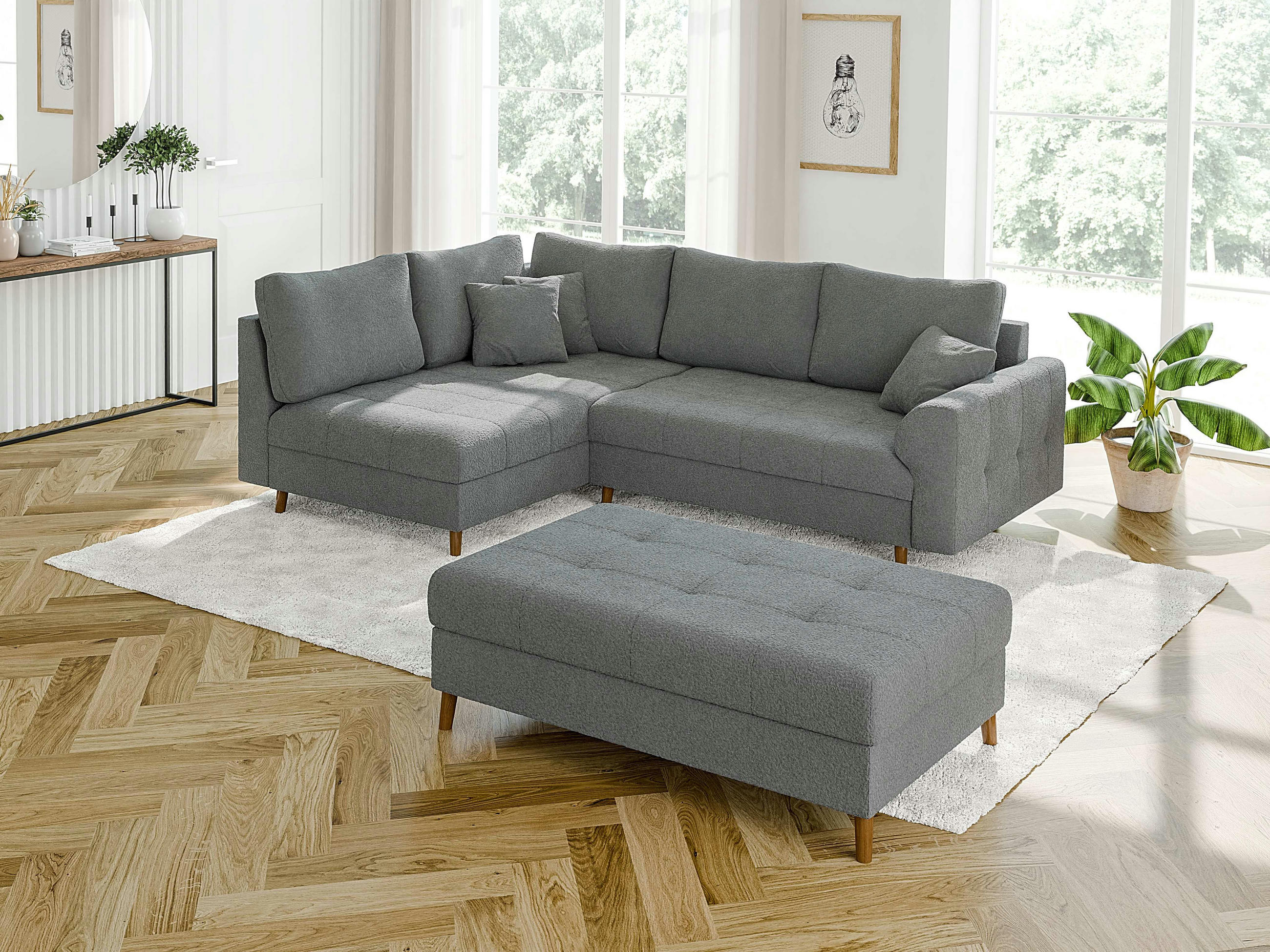 ECKSOFA inkl. Hocker Henrik Grau Boucle - Ottomane links - Braun/Grau, Holz/Textil (231/161cm) - S-Style Möbel