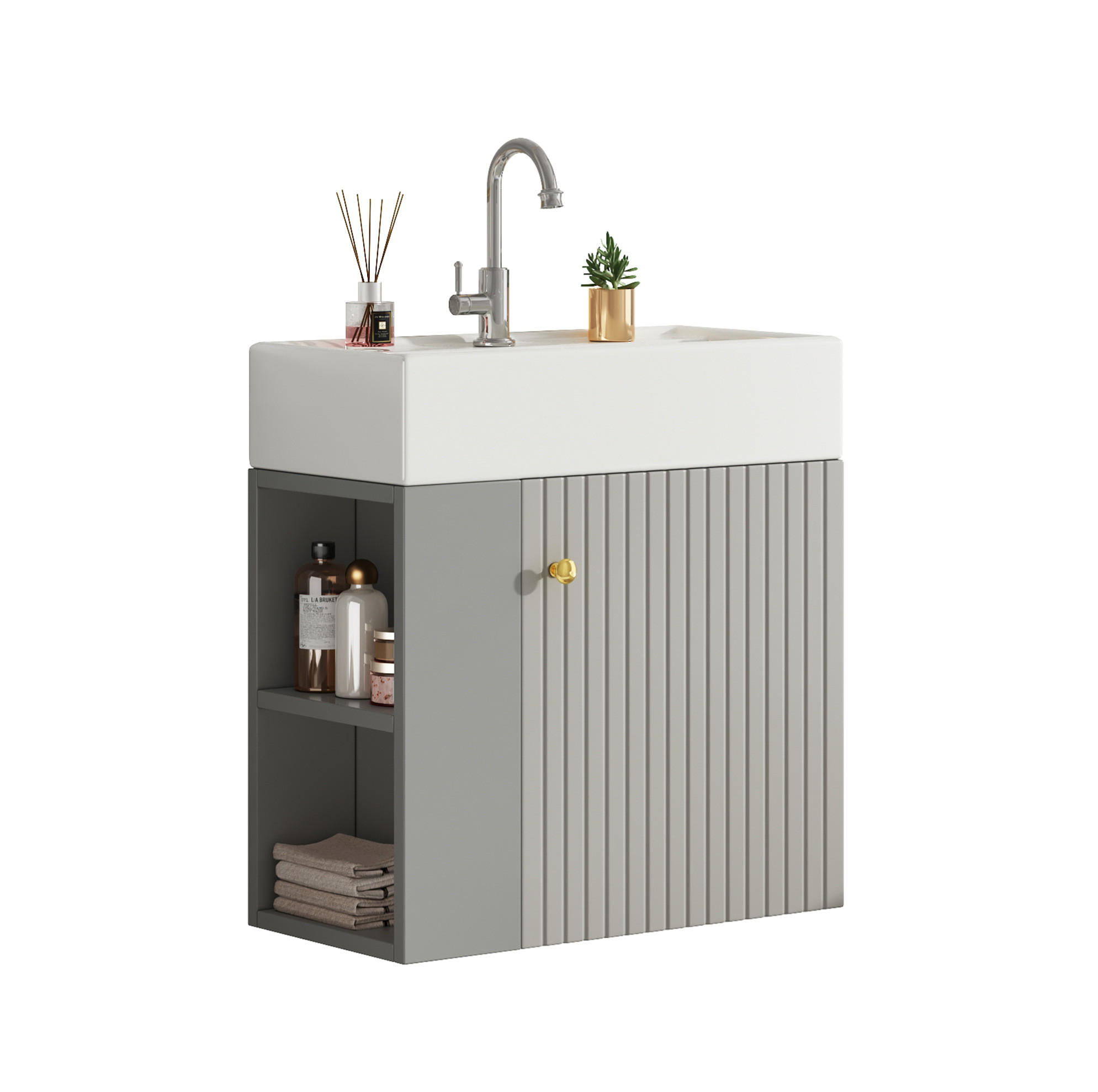 WASCHTISCHKOMBI 55/31/66 cm grau/weiß aus Holzwerkstoff mit Keramikbecken und Soft-Close - Grau, Holzwerkstoff (55/66.5/31cm) - OKWISH