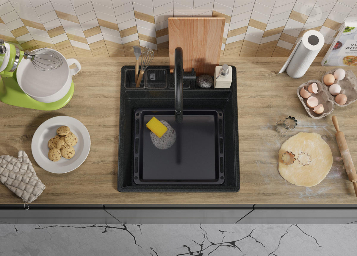 SPÜLBECKEN New York, 2-er set Anthrazit 48/53 cm 1 Becken + Ablauf-Set + Küchenzubehörset ab 50er Unterschrank - Chromfarben/Anthrazit, Kunststoff (48/20/53cm) - Primagran