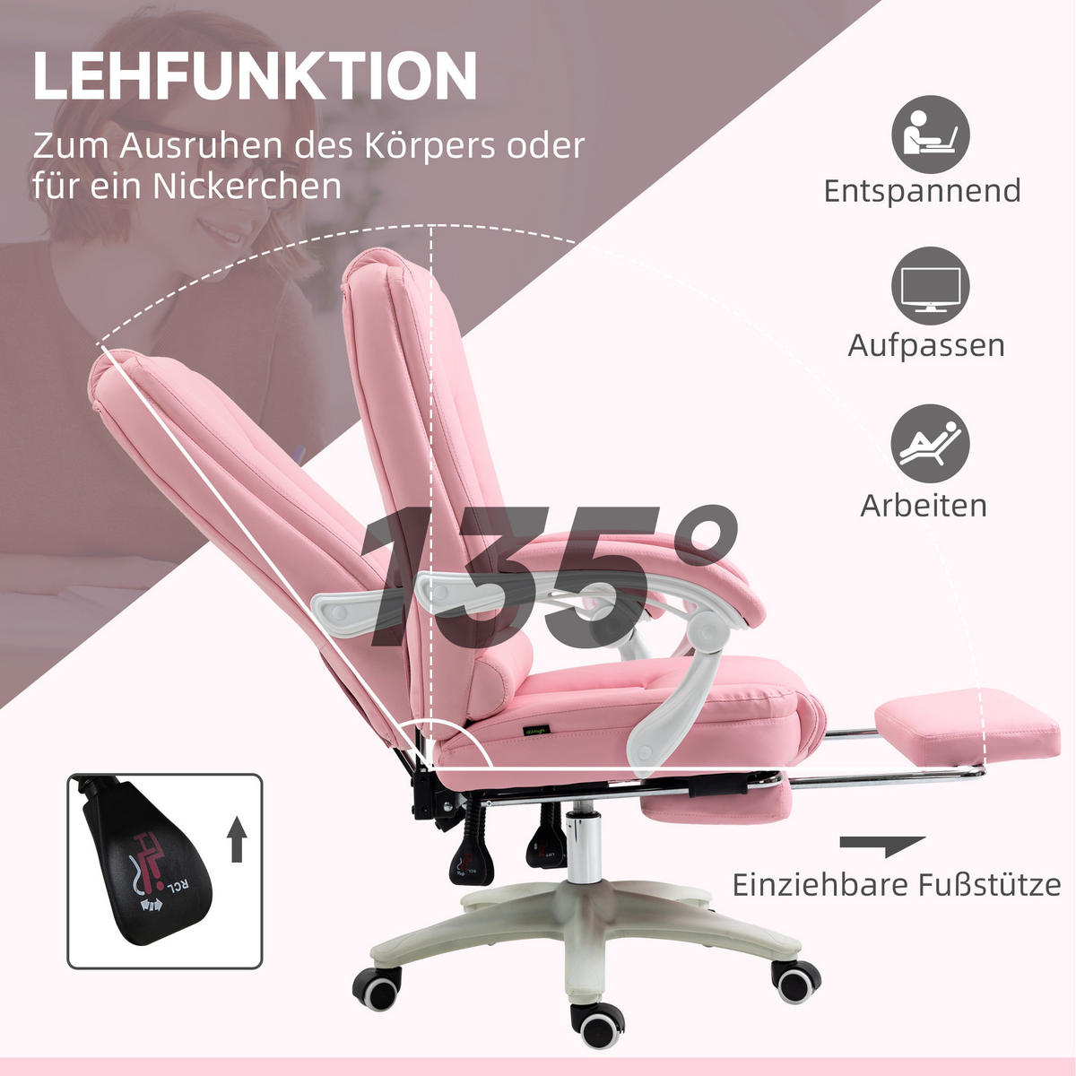 BÜROSTUHL höhenverstellbar mit Fußstütze 65 x 68 x 107-116 cm Rosa - Rosa, Kunststoff (68/116/65cm) - Meubliv