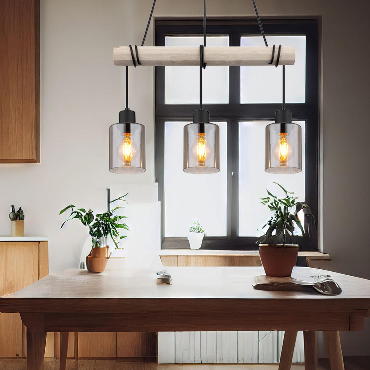 HÄNGELEUCHTE Holz Braun Glas rauchfarben - Braun, Holz (50/10/140cm) - Globo Lighting