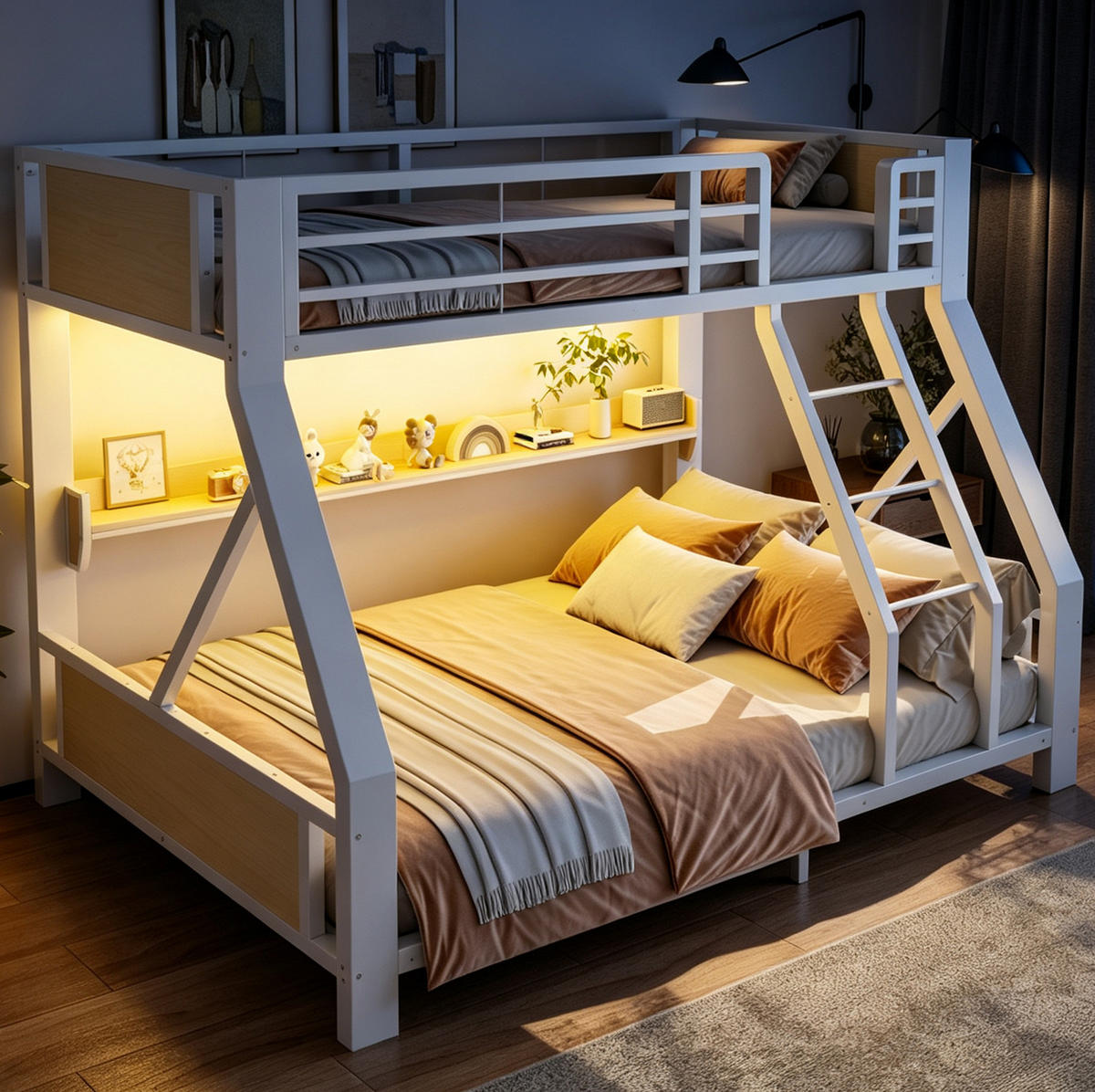 ETAGENBETT aus Metall und Holz 90x200/140x200 cm Weiß mit LED-Beleuchtung und Ablagefach - Weiß, Metall (90/200cm) - Modfu