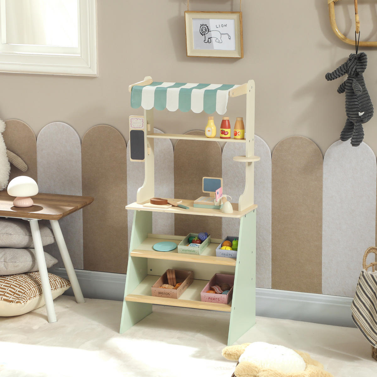 KAUFLADEN für Kinder Kaufladen Supermarkt mit Kasse Scanner Tafel Spielzubehör - Hellgrün, Holzwerkstoff (30/92.5/40cm) - AIYAPLAY