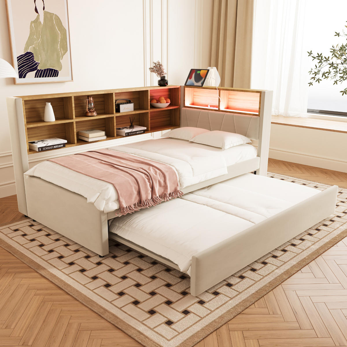 POLSTERBETT 90/200 cm Beige mit LED-Beleuchtung, Stauraum und USB- und Type-C-Anschlüssen - Beige, Textil (90/200cm) - Flora Grace