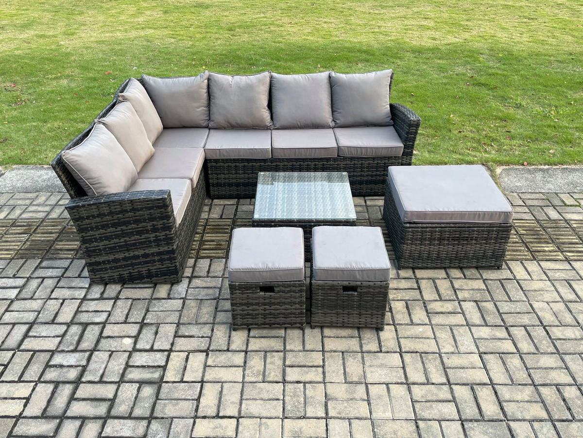 BALKONMÖBEL-SETS mit Ecksofa,Quadratischer Couchtisch,2 Sesseln Polyrattan Dunkelgrau 9-Sitzer - Dunkelgrau/Grau, Glas/Kunststoff - Fimous