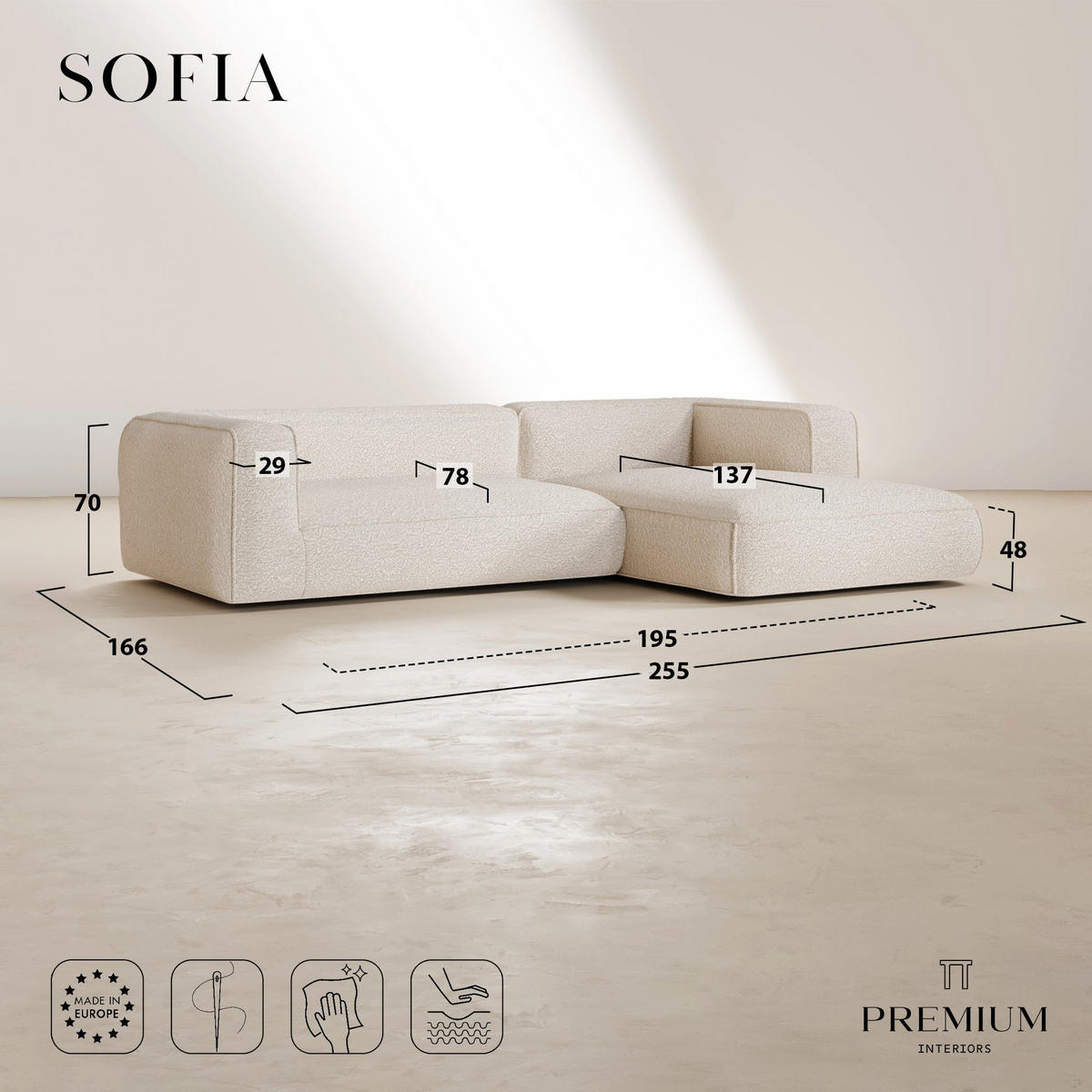 ECKSOFA rechtwinklig SOFIA Frottee Creme 255cm - Creme, Textil (255/166cm) - Premium Interiors