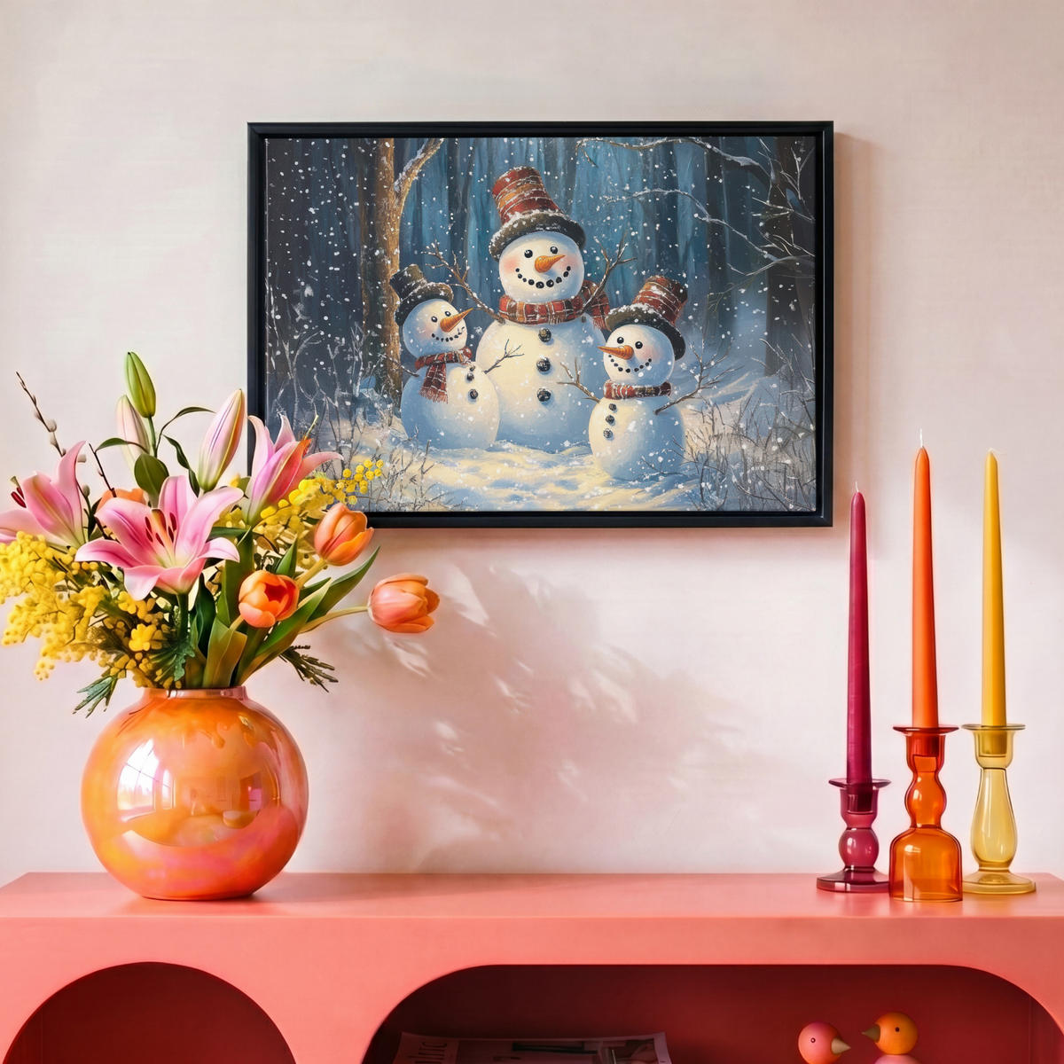 LEINWAND Bilder mit Rahmen - Schneemann - Schnee - Winter - Wald - 30x20 - Hellblau, Textil (30/20cm) - MuchoWow