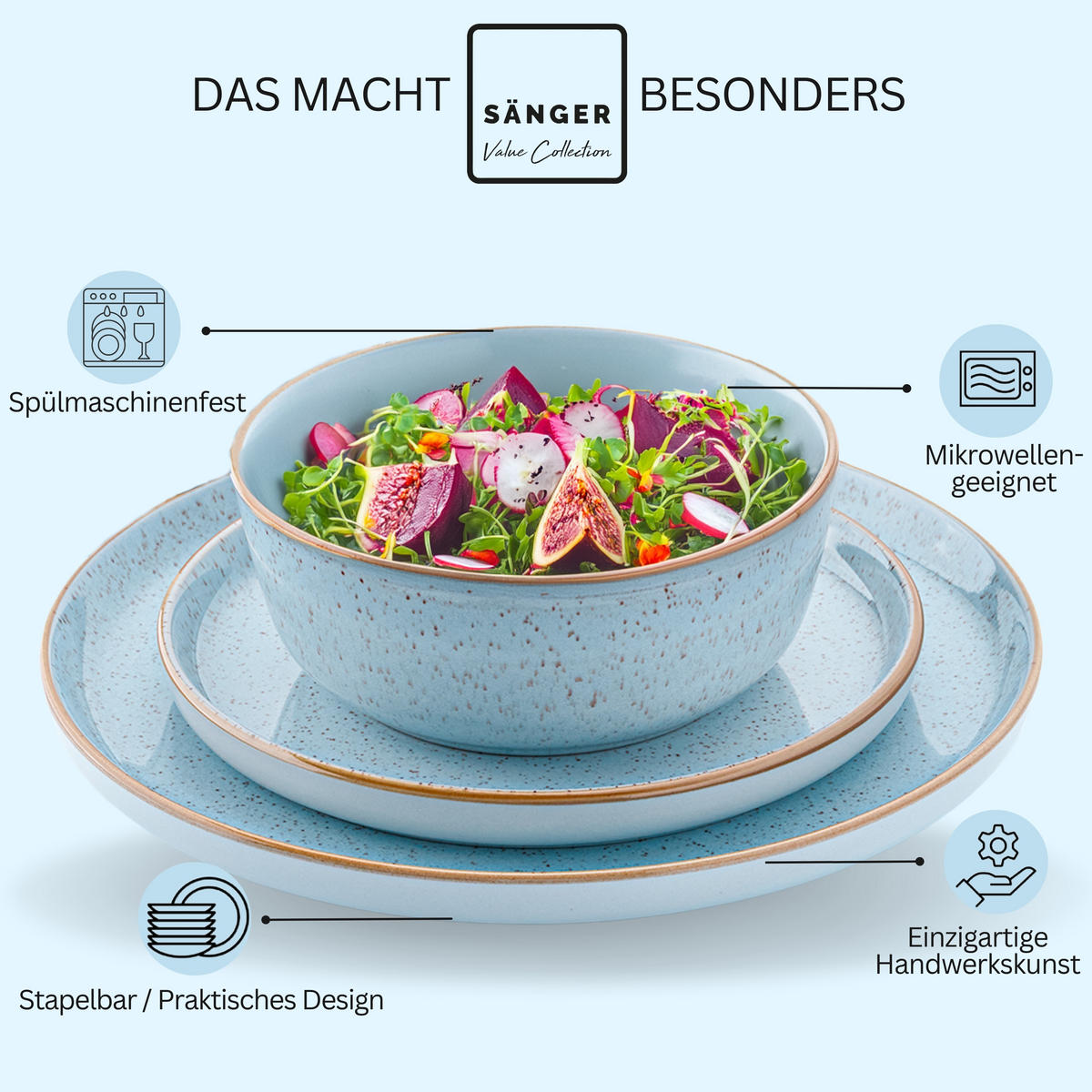 TAFELSERVICE RIO LAGUNE - 18 teilig aus Steingut - Blau, Stein (32.5/33.5/45.5cm) - Sänger