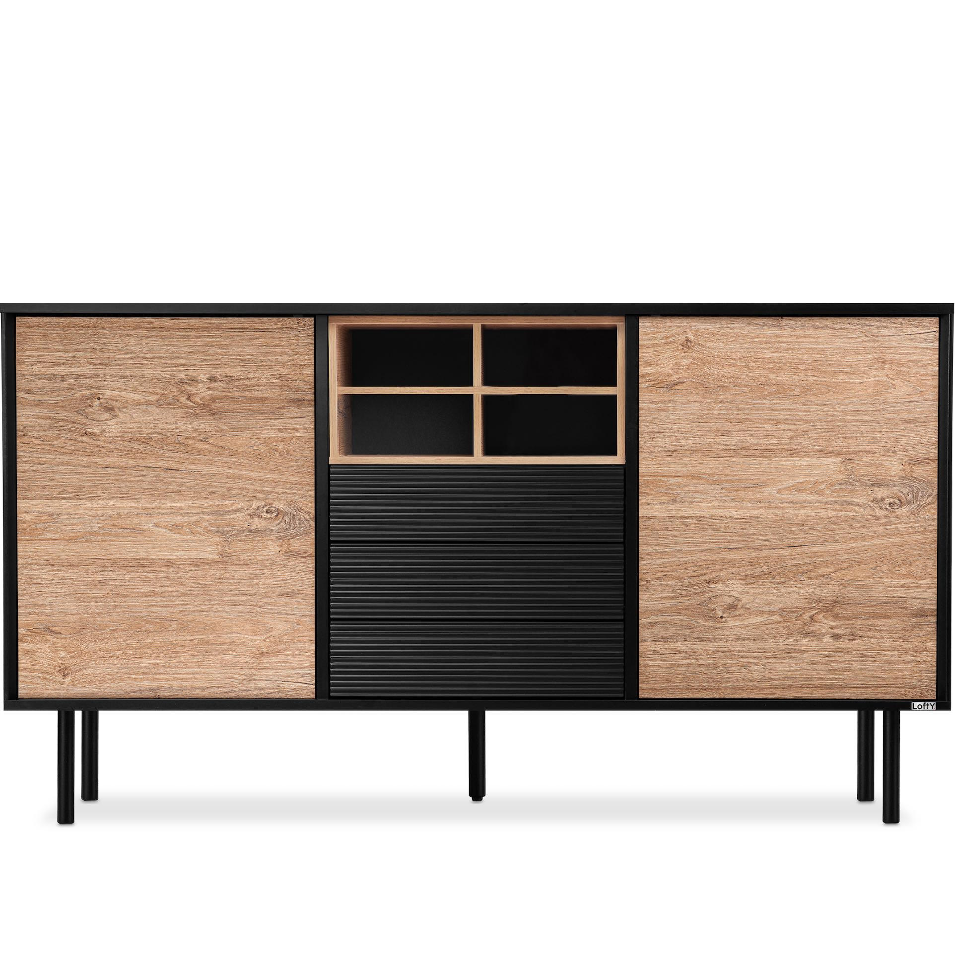 KOMMODE LOFTY Kreuzeinlage, schwarz / Eiche natur - Eichefarben/Multicolor, Holzwerkstoff (151/84/41cm) - KONSIMO®