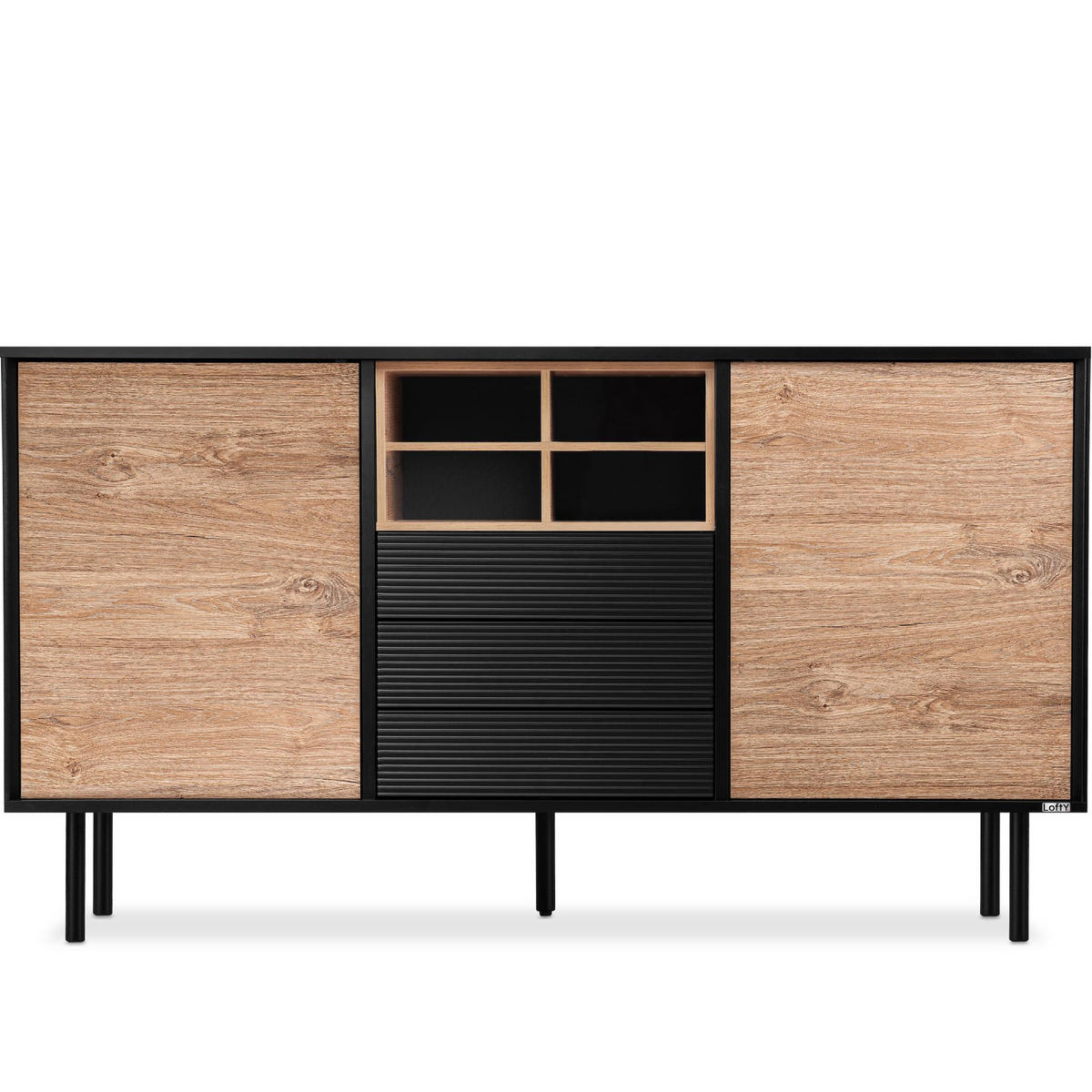 KOMMODE LOFTY Kreuzeinlage, schwarz / Eiche natur - Eichefarben/Multicolor, Holzwerkstoff (151/84/41cm) - KONSIMO®