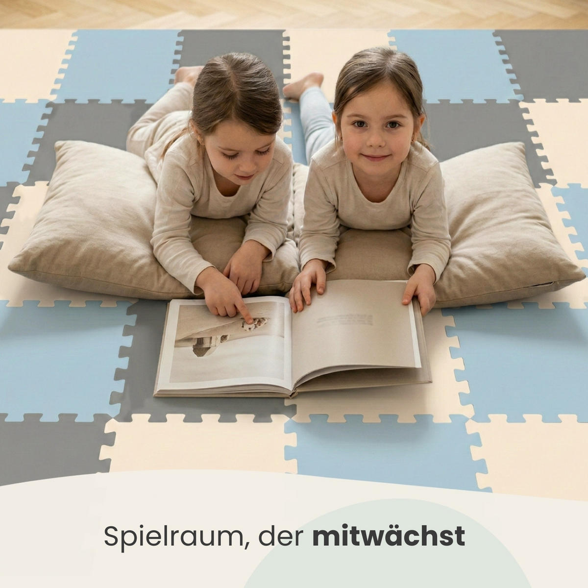 SPIELMATTE mit Rand - 270/90/1 cm Puzzlematte Grau Blau Beige - Grau, Kunststoff (30/30cm) - Littletom