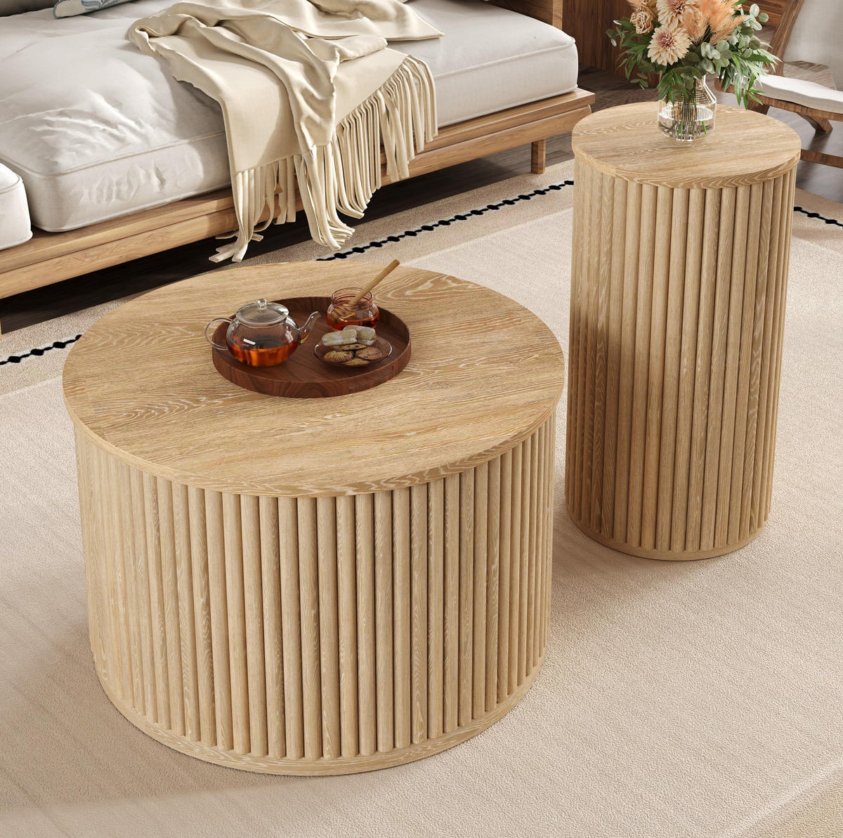 KLUBSKA miza, komplet 60/60/38,5 + 30/30/56 cm MDF naravna - naravne barve, leseni material (60/60/38.5cm) - BEAOK