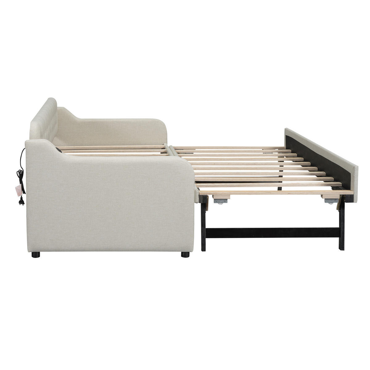 POLSTERBETT 90/200cm mit ausziehbarem Rollbett und USB-Anschluss Beige - Beige, Textil (90/200cm) - OKWISH