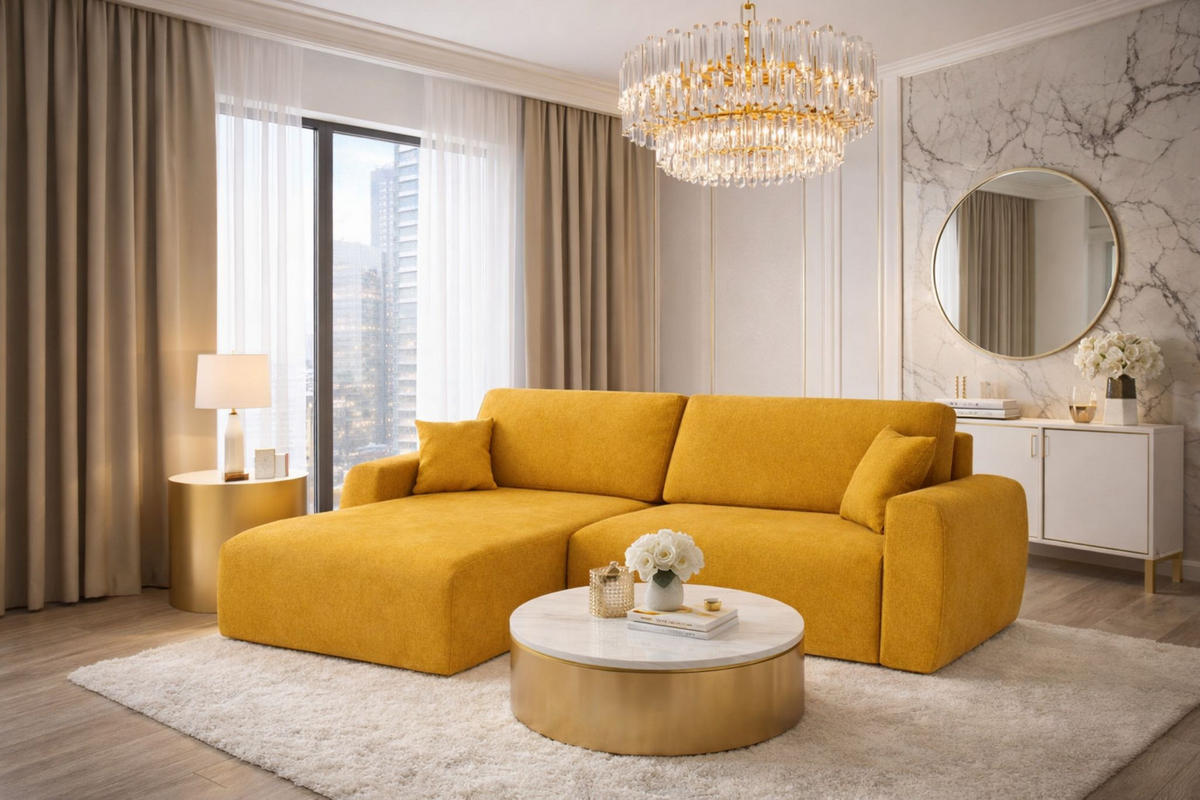 ECKSOFA Mit Schlaffunktion, Ariel XL, Velours, Stoff Salvador, Gelb, Links - Gelb, Holz (280/142cm) - Kaiser Möbel