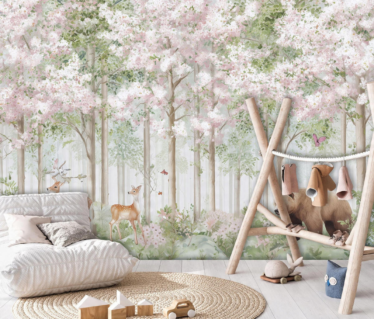 FOTOTAPETE Kinderzimmer Wald Tiere Hirsche 200x140 - Multicolor, Papier (200/140cm) - Wallarena