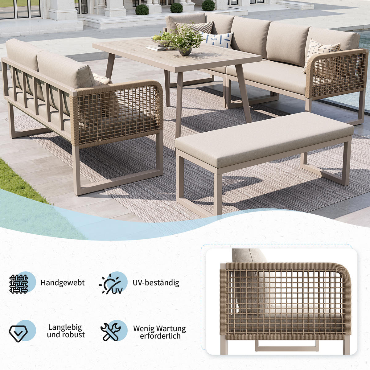 LOUNGESET 6-8 Personen PE-Rattan Beige Mit Hochwertigen Kissen - Beige, Metall - FLIEKS