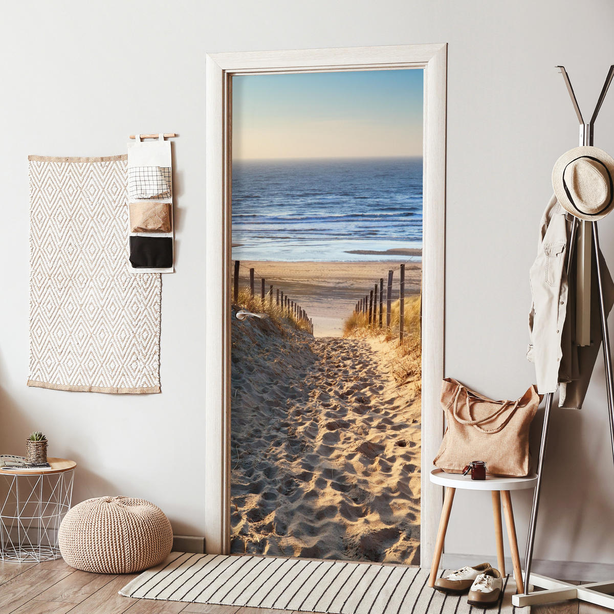 TÜRAUFKLEBER Selbstklebend - Strand - Meer - Niederlande - Dünen - Sonne 95x215 cm - Türtapete - Blau, Kunststoff (95/0.1cm) - MuchoWow