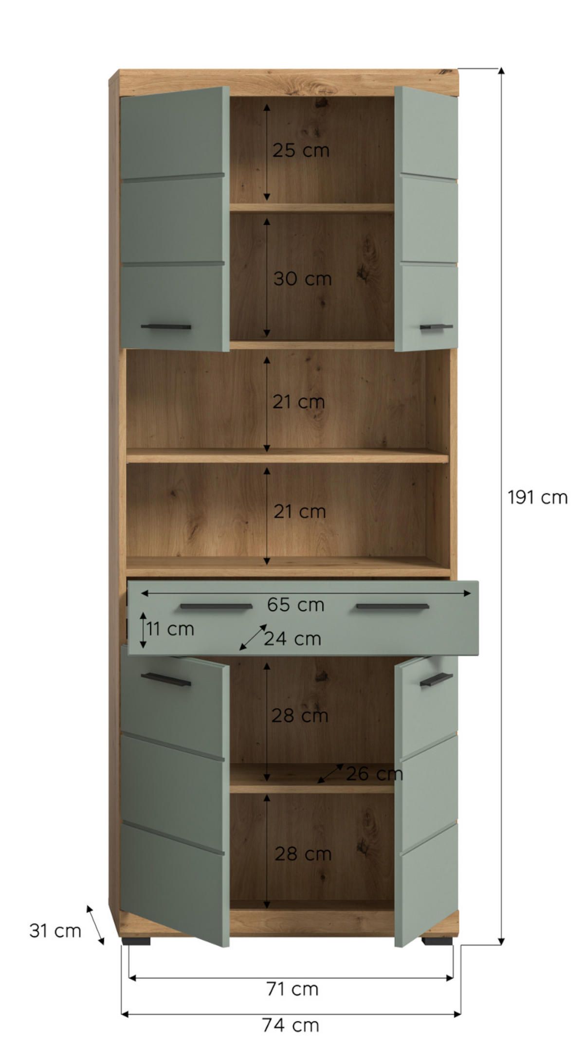 HOCHSCHRANK Salbei grün, Eiche Artisan 74 cm, Badschrank mit 6 Fächern - Salbeigrün/Schwarz, Holzwerkstoff/Kunststoff (74/191/31cm) - Inn.Furn
