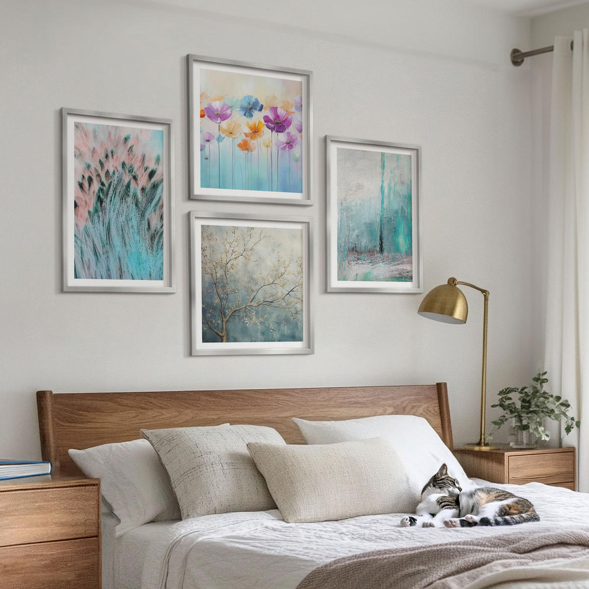 BILDER SET 4er Set - 50x50 cm & 40x60 cm Silberner Rahmen - Hintergrundmuster mit Pastellblumen - Silberfarben, Kunststoff (50/50cm) - TULUP