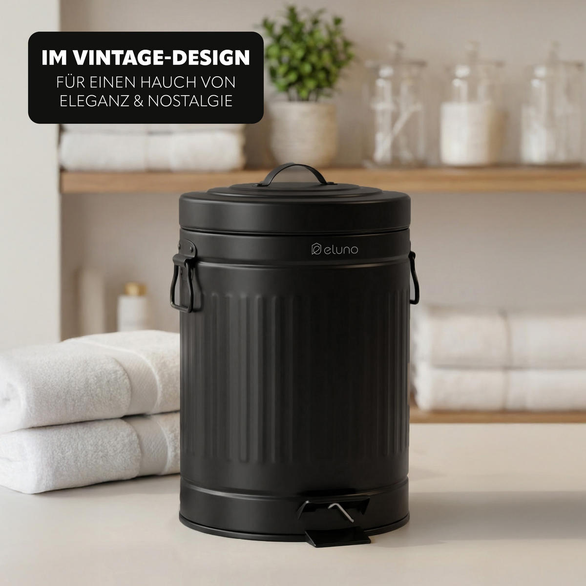 KOSMETIKEIMER Treteimer VINTAGE, 5 Liter, aus Metall, schwarz - Schwarz, Metall (21/30.5/21cm) - eluno