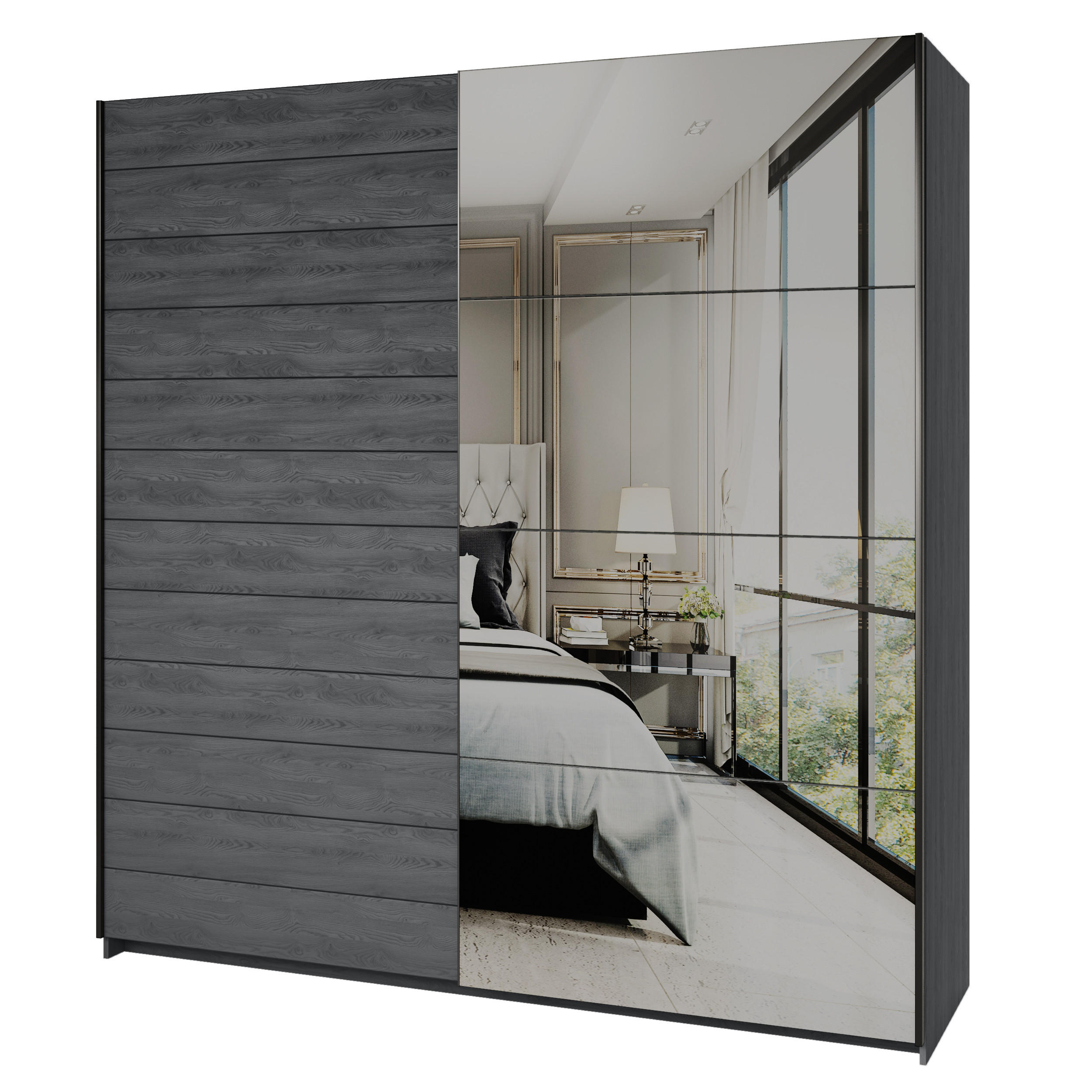 SCHWEBETÜRENSCHRANK COSMICO 200/210/61 cm 2-türig mit Spiegel Hellgrau - Hellgrau, Holzwerkstoff (200/210/61cm) - MASSENO