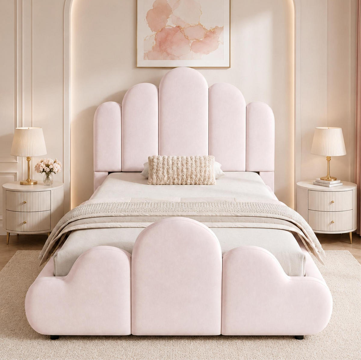 BETT 90/200 cm in Rosa aus Samt mit gepolstertem Kopfteil - Pink, Textil (90/200cm) - Flora Grace