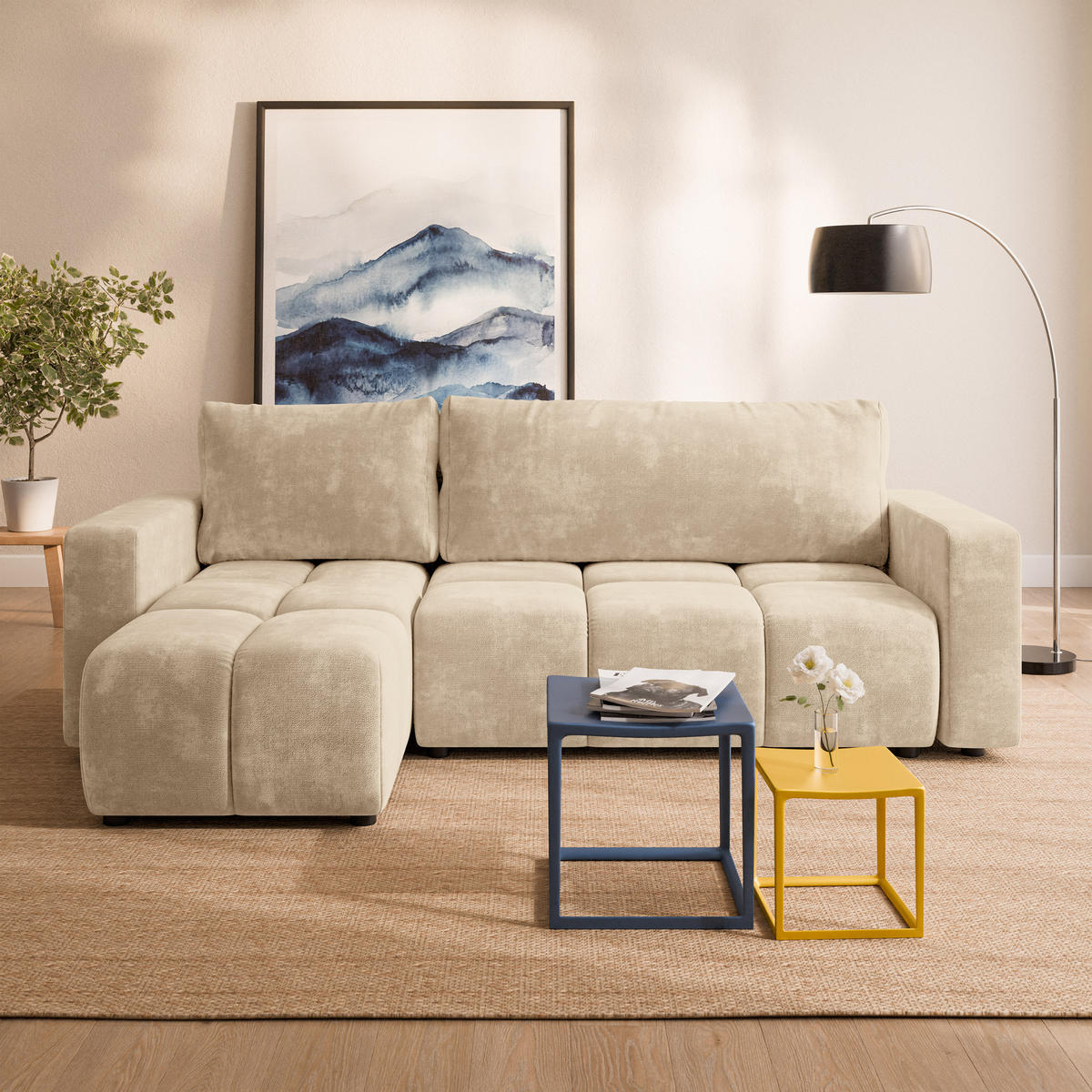 ECKSOFA RAMIL Creme Chenille mit Schlaffunktion - Creme, Holz (240/149cm) - MASSENO