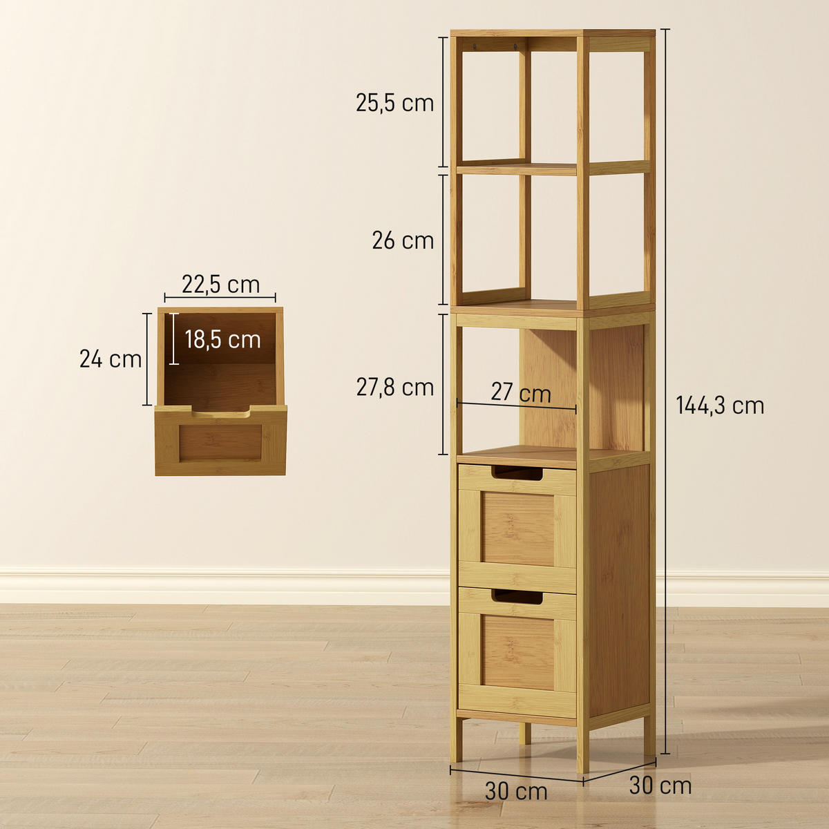 HOCHSCHRANK DE-12386 30/30/144 cm Bambus Natur - Naturfarben, Holzwerkstoff (30/144/30cm) - ComfortXL