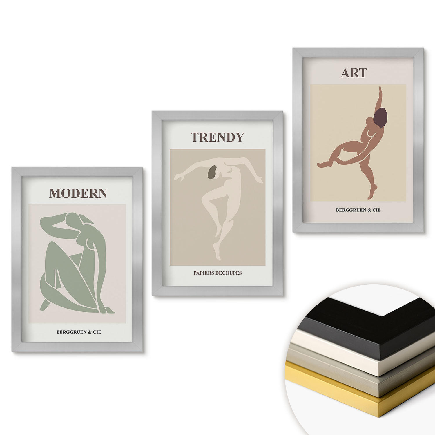 WANDBILDER 3er Set - 20x30 cm Silberner Rahmen - Stilvolle Charaktere im Minimalismus - Silberfarben, Kunststoff (20/30cm) - ArtPrintCave