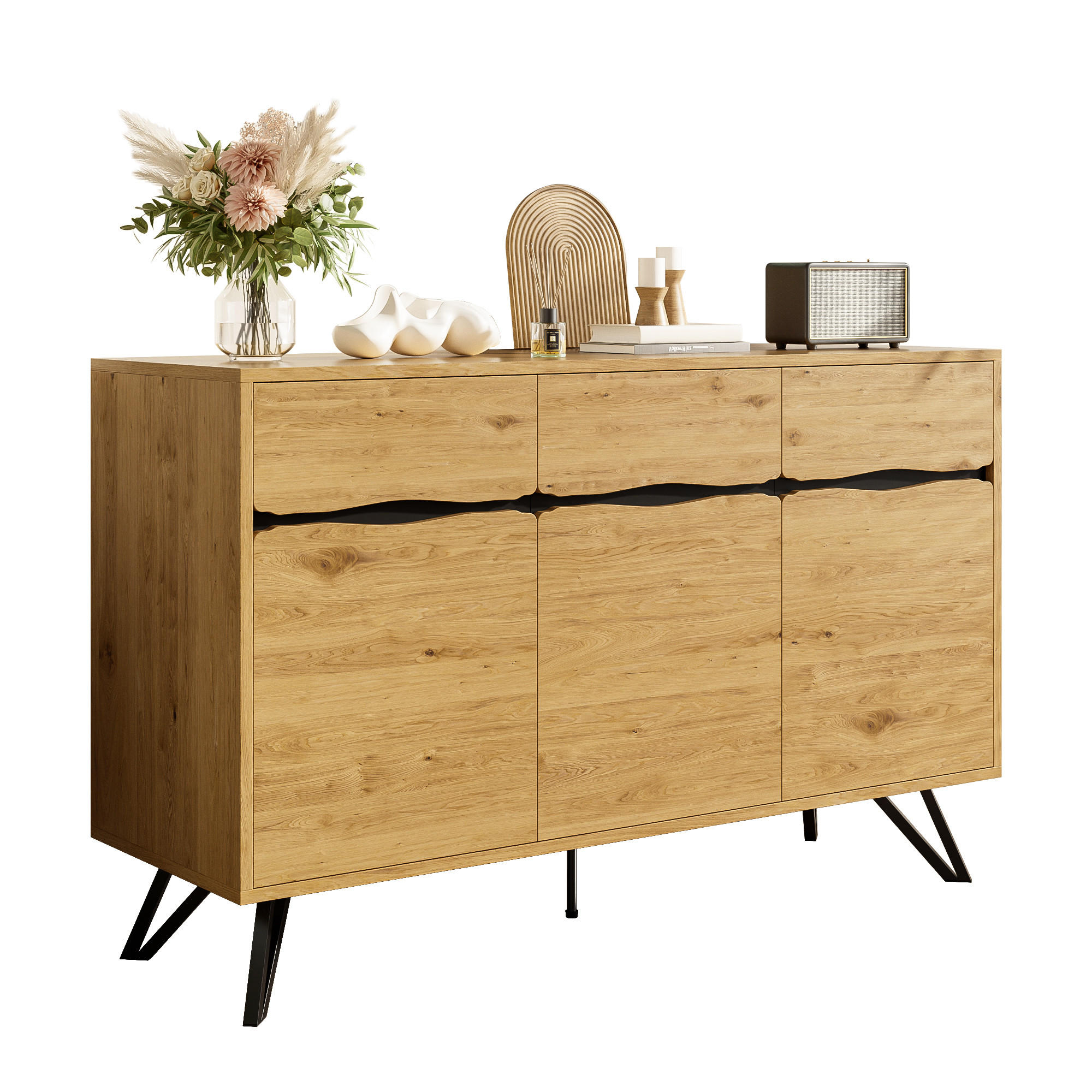 SIDEBOARD 140/40/75,5 cm mit 3 Türen in Holzoptik und schwarzen Metallbeinen - Naturfarben, Holzwerkstoff (40/75.5/140cm) - BEAOK