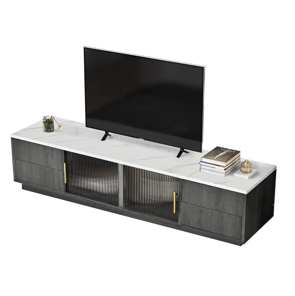 TV-LOWBOARD aus MDF 160x40x38,5 cm Grau mit 4 Push-to-Open-Schubladen und Kabelmanagement - Grau, Holzwerkstoff (160/38.5/40cm) - Modfu