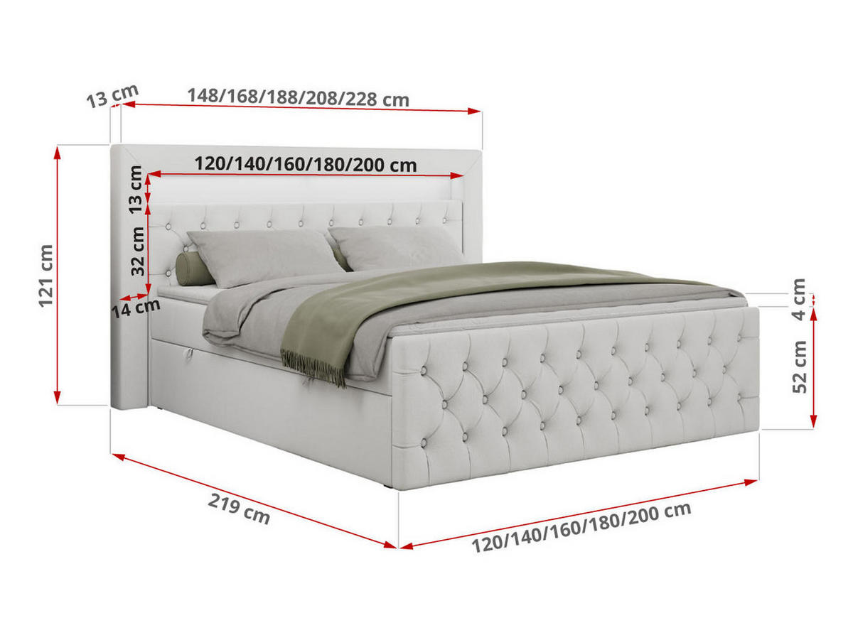 BOXBETT GOLD-9 LED 120/200 Weiß Kunstleder - H3 - Weiß, Holz/Textil (120/200cm) - MKS