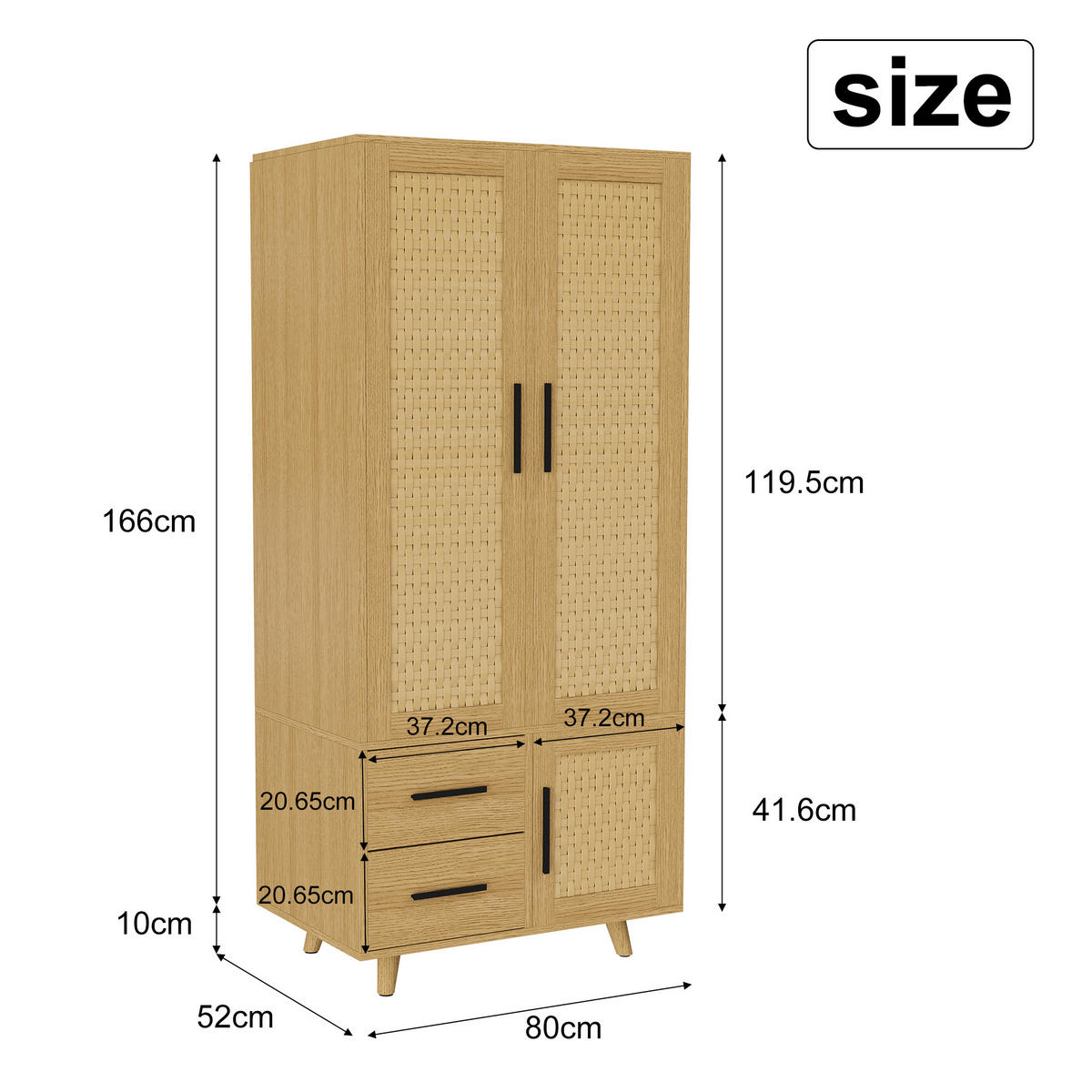 KLEIDERSCHRANK aus Rattan in Eichefarben, 2 Schubladen, integrierte Kleiderstange - Eichefarben, Holz (80/166/52cm) - EuroLiving