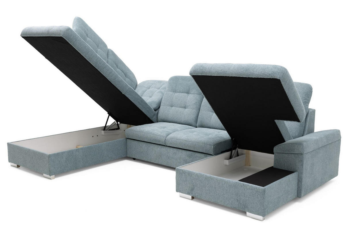 ECKSOFA U-Form OLIVIA U Links mit Schlaffunktion 124x257 Velours Blaugrau - Silberfarben/Blaugrau, Holz/Kunststoff (320/103/202cm) - Muffo
