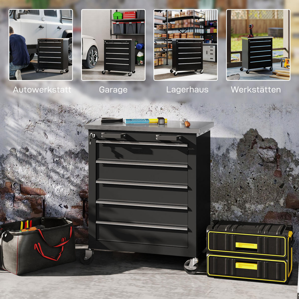 WERKSTATTWAGEN mit 5 Schubladen Werkzeugwagen leer abschließbar Stahl Schwarz - Schwarz, Metall (34.5/76/65.5cm) - HOMCOM