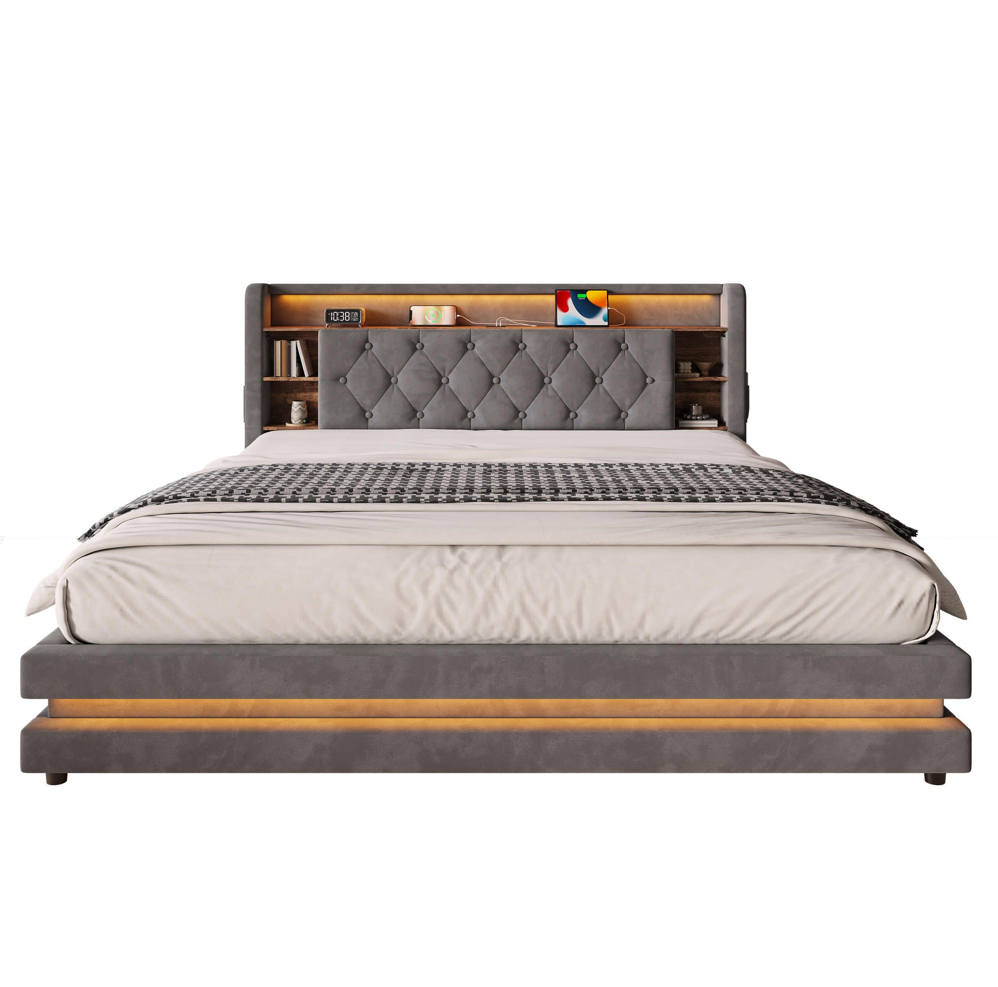 POLSTERBETT 180/200 cm mit LED-Beleuchtung, USB-/Type-C-Anschluss, hydraulischem Bettkasten und Stauraumkopfteil, Dunkelgrau - Dunkelgrau, Textil (180/200cm) - Redom