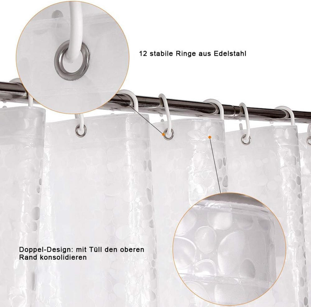 DUSCHVORHANG schimmelresistent EVA wasserdicht mit Ringen und Gewicht magnetisch - Transparent, Kunststoff (180/180cm) - MCBOSON
