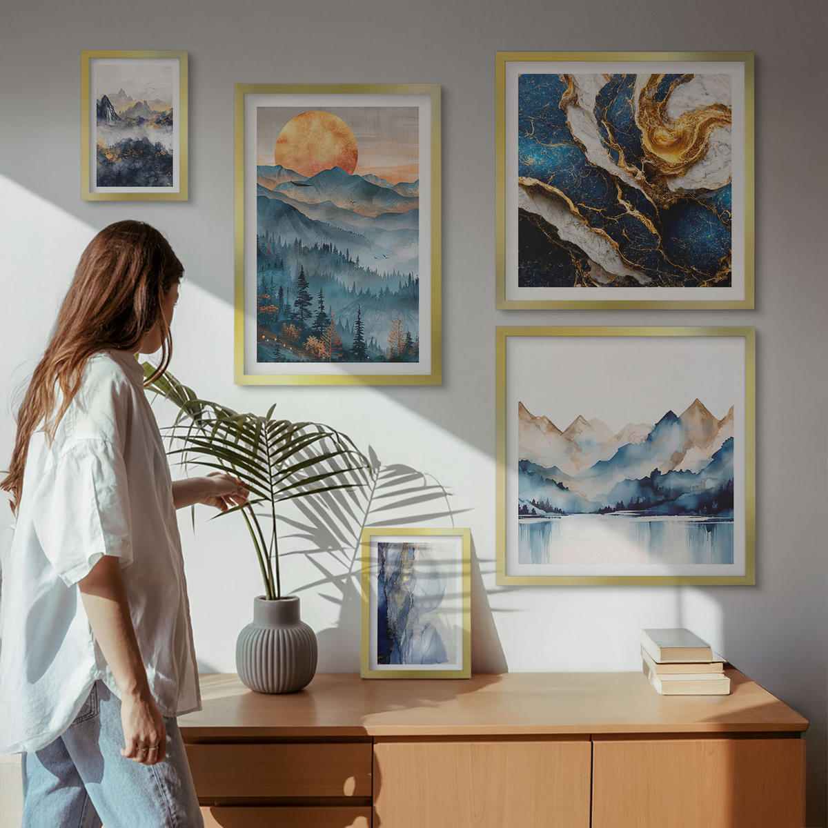 BILDER SET 5er Set - 50x50 cm & 20x30 cm & 40x60 cm Goldrahmen - Blaue Berglandschaften - Goldfarben, Kunststoff (40/60cm) - TULUP