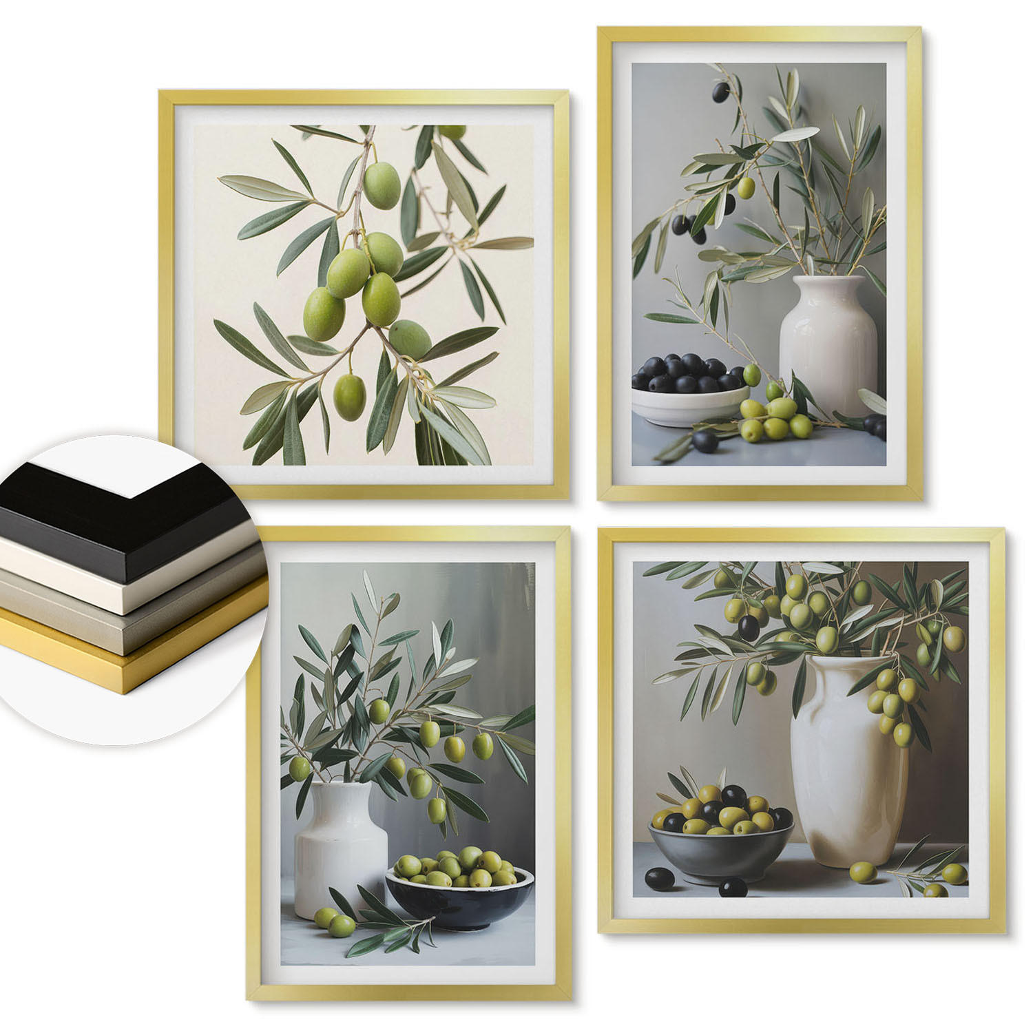 WANDBILDER 4er Set - 50x50 cm & 40x60 cm Goldrahmen - Oliven in grauen Vasen - Goldfarben, Kunststoff (50/50cm) - ArtPrintCave