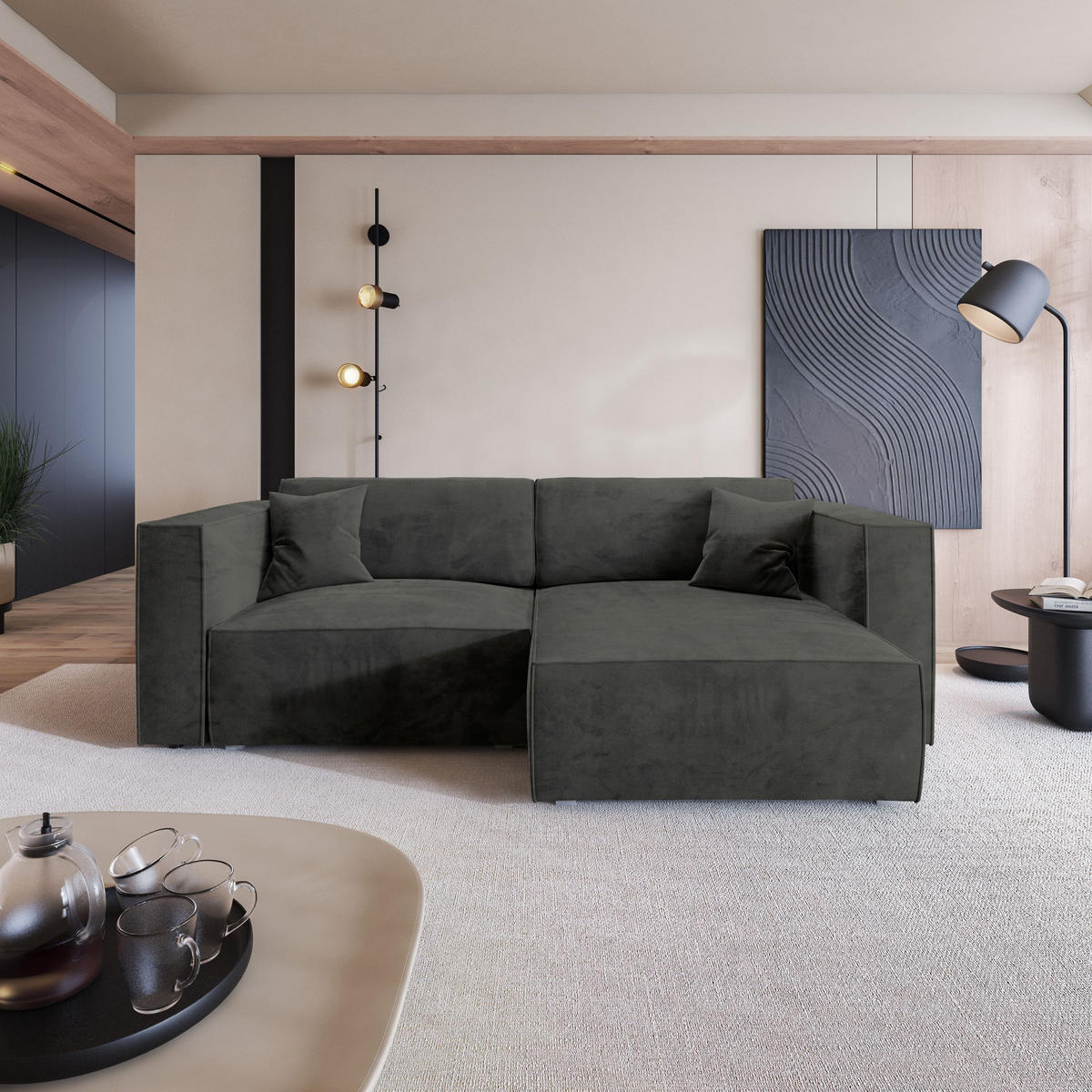 ROHOVÁ SEDAČKA NERIO černá - šedá/černá, dřevo/textil (245/148cm) - MASSENO