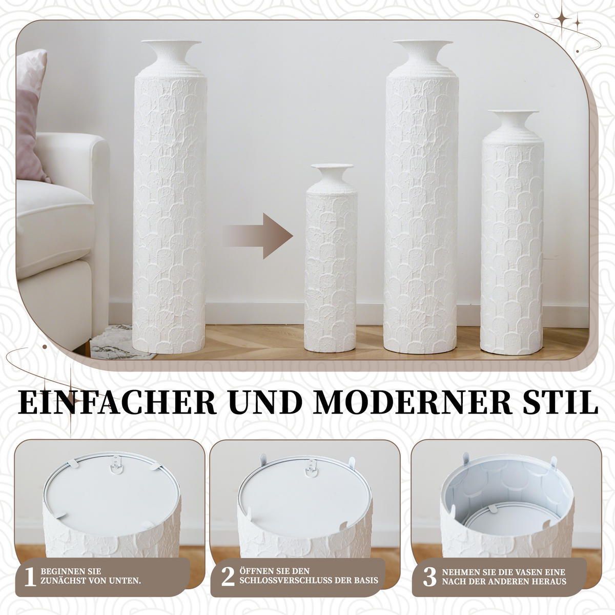 BODENVASE 3-tlg 50/65/85cm Bodenvasen-Set Handgefertigte Stehvasen Groß Metall Weiß - Weiß, Metall (91.88cm) - Raelunyi