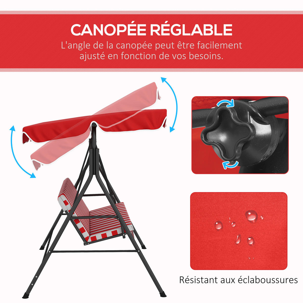 HOLLYWOODSCHAUKEL DE-15264 3-Sitzer mit verstellbarem Dach Rot - Rot, Metall (110/153/172cm) - ComfortXL