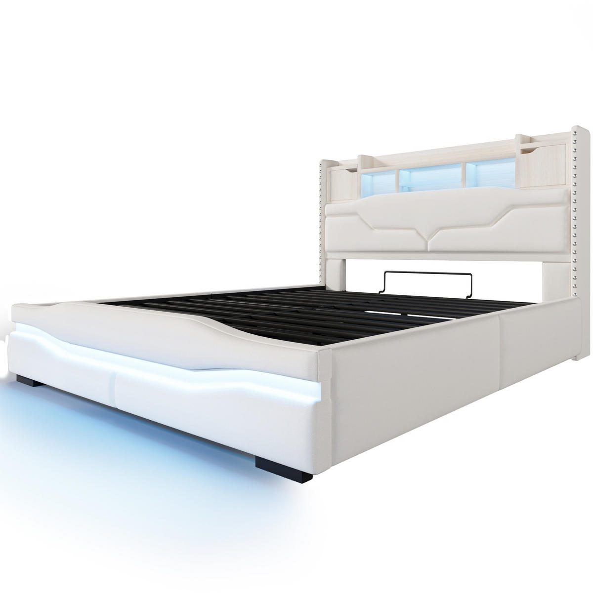POLSTERBETT aus Leinen und MDF 160x200 cm Beige mit hydraulischem Stauraum, LED und USB-C - Beige, Textil (160/200cm) - IVMEU