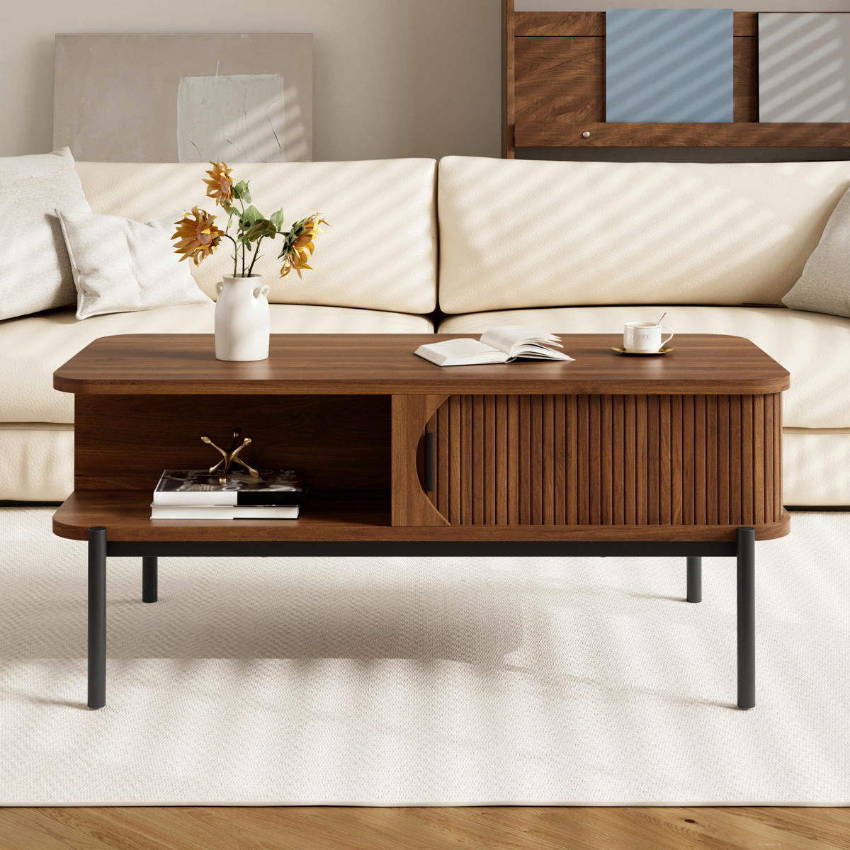 COUCHTISCH 100x45x43cm mit Stauraum und Schiebetüren - Walnussfarben, Holzwerkstoff (45/100/43cm) - FLIEKS