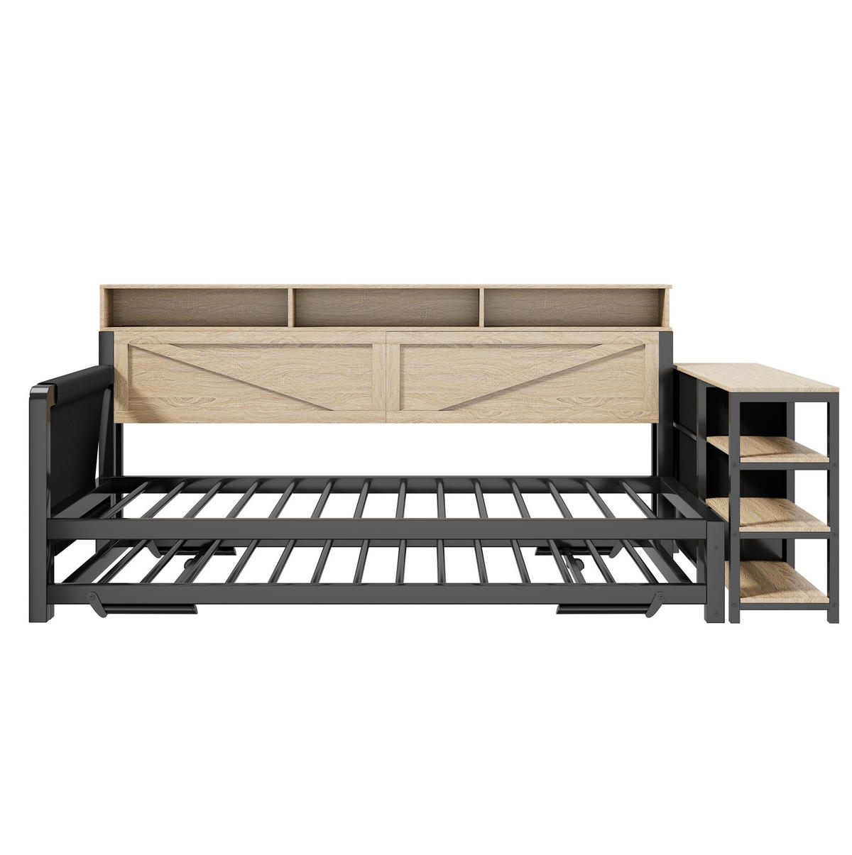 MULTIFUNKTIONSBETT 90/200 cm schwarz aus Metall mit Ausziehbett mit USB und LED - Schwarz, Holzwerkstoff (90/200cm) - OKWISH