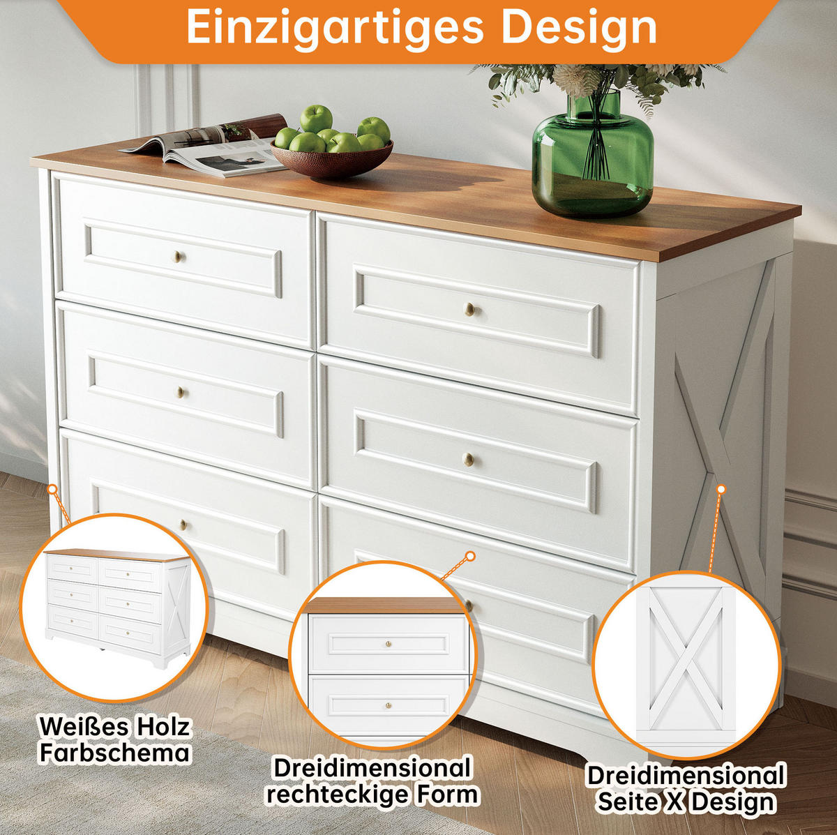 SIDEBOARD 120/40/76 cm mit 6 Schubladen in Weiß & Naturholz - Weiß, Holzwerkstoff (120/76/40cm) - BEAOK