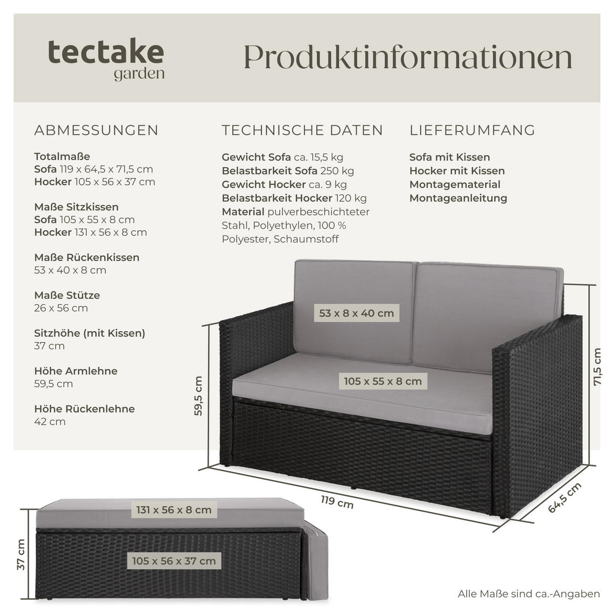 RATTANLOUNGE Korfu,Hocker mit klappbarer Stütze,schwarz/grau - Schwarz/Grau, Kunststoff - tectake