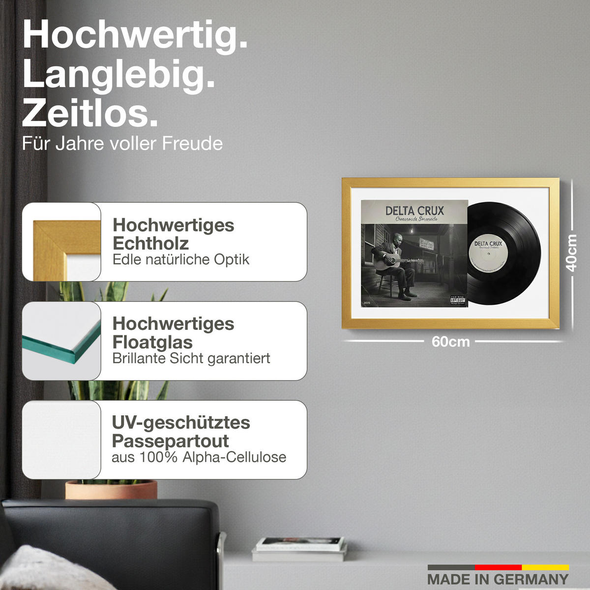 SCHALLPLATTEN RAHMEN 40/60 für Cover & Vinyl - Goldfarben, Holz (60/40cm) - K-Möbel