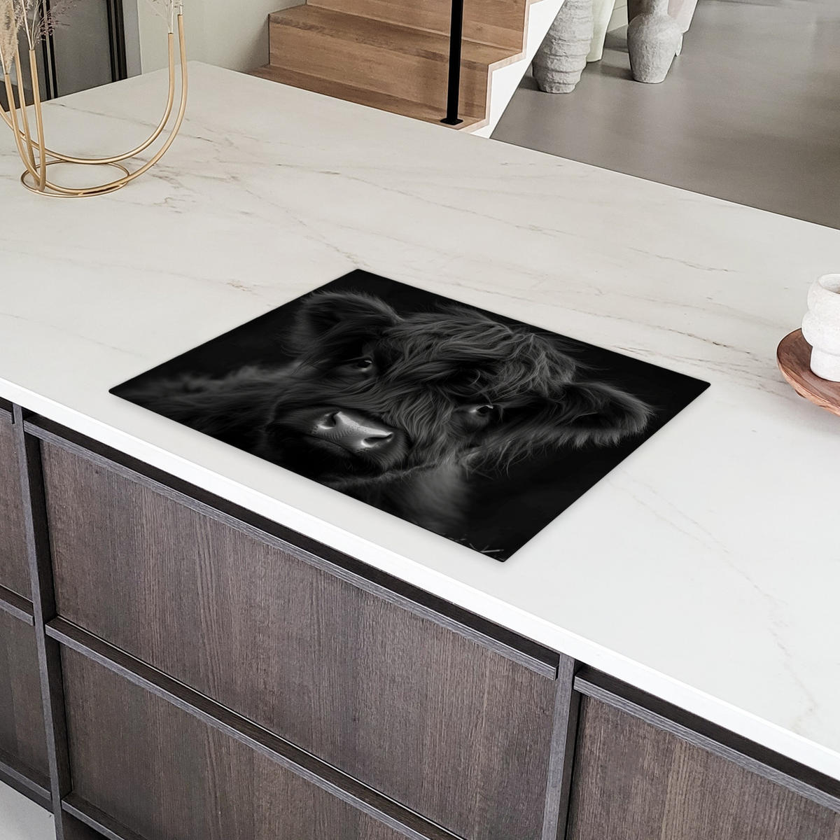 HERDABDECKPLATTE Scottish Highlander - Schwarz - Kalb - Kuh Herdabdeckung Induktionsfeld 70x52 cm - Schwarz, Kunststoff (70/52/0.2cm) - MuchoWow