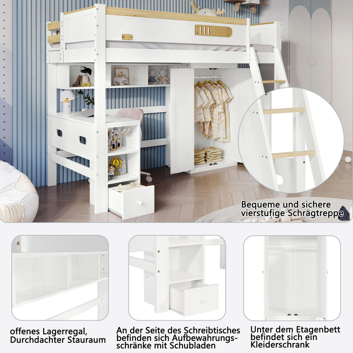 ETAGENBETT 90/200 cm, Weiß/Natur mit Tisch und Kleiderschrank - Weiß, Holz (90/200cm) - MIVRAY